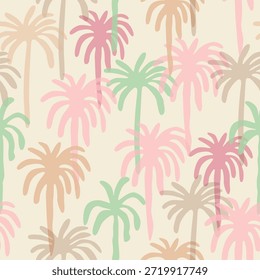 Palmeiras rosa e bege padrão sem costura. Verão tropical mão desenhado coco, plantas da selva, natureza fofa, impressão de safári, papel de parede exótico. Vetor design têxtil, havaiano repetir fundo.