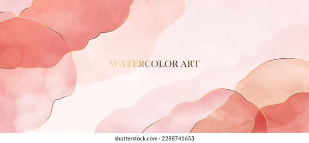 Pink, beige, red watercolor abstract forms with golden lines. Elegant background for card, backdrop, banner, texture print.