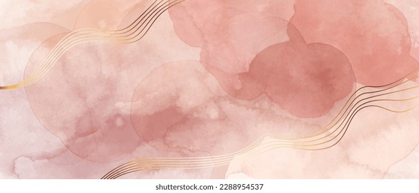 Pink, beige, red watercolor abstract forms with golden lines. Elegant background for card, backdrop, banner, texture print.