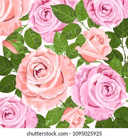 Pink and beige roses vector floral background for greeting card or invitations