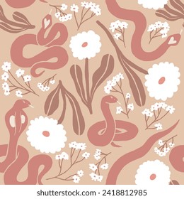 Pink and beige snakes with white marigold flowers seamless pattern