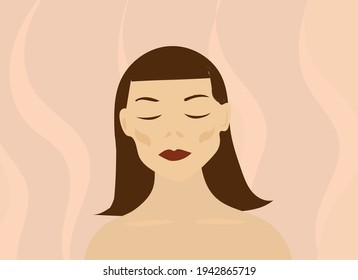 Vector de temática rosa y beige con el baby bang y maquillaje femenino. Expresión de la cara de calma.