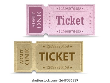 Pink and beige tickets. Templates for cinema, circus, movie, theater, cruise, concert and other events. Old vintage style in pastel colors.