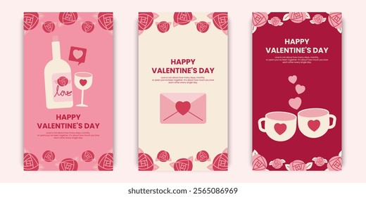 Pink and beige Valentines day social media template design with love letter, wine beverage, couple cup.