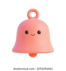 Pink bell with cute face and small clapper on plain white background in cartoonish style