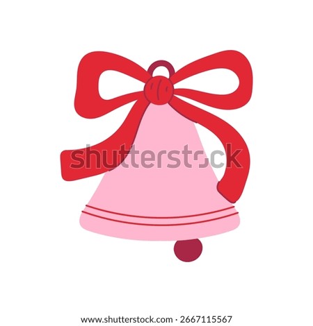 Pink Bell with Red Tied Bow . Hand drawn festive Christmas decoration. Playful retro decorative element for cards, stickers, and scrapbooking. Vector illustration