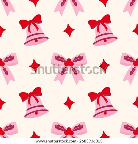 Pink Bell with Red Tied Bow and bows holly leaves, Christmas Ornament Seamless Pattern. Romantic Holiday repeat vector illustration.