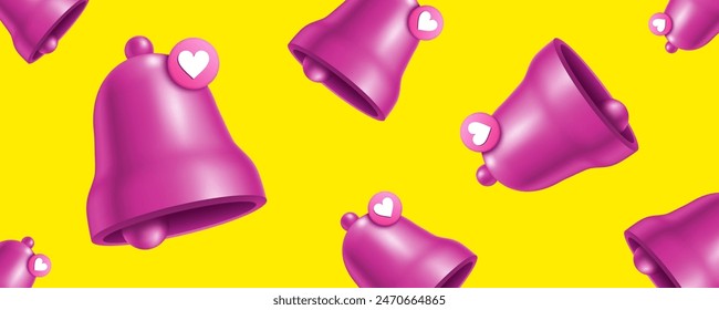 Pink bells with heart icon notification signs are scattered on a bright yellow background, forming a romantic messages vector banner.