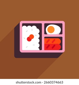 Pink Bento Box Vector with Rice and Umeboshi, Boiled Egg, and Sausage on Brown Background in Shadowed Style