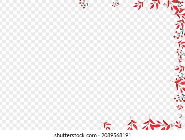 Pink Berries Background Transparent Vector. Rowan Forest Texture. Red Leaves. Burgundy Foliage Cartoon. Border Set.