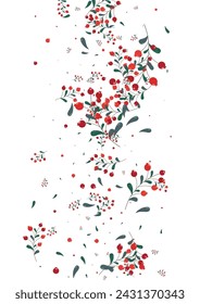Pink Berries Background White Vector. Rowan October Frame. Green Leaf Organic. Plant Design. Herb Backdrop.