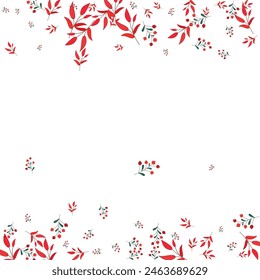 Pink Berries Background White Vector. Herb Fly Set. Green Foliage. Burgundy Rowan November. Modern Design.
