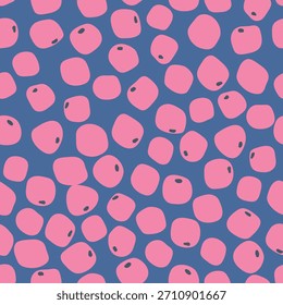 Bayas rosadas sobre fondo azul, patrón dibujado a mano sin fisuras. Ilustración vectorial.