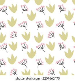 Pink berries scandinavian style on branch seamless pattern.