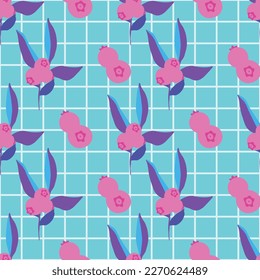 pink berries vaporwave style repeat pattern seamless. green teal background white grid y2k retro. trendy spring summer. textile, fabric wrapping paper product packaging social media layout web design