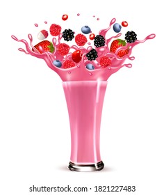 Pink berry juice splash. Whole and sliced strawberry, raspberry, cherry blueberry and lychee in a sweet juce or cocktail with splashes and drops isolated on transparent background. 3D. Vector.