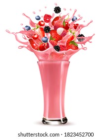 Pink berry juice splash. Whole and sliced strawberry, raspberry, cherry, blueberry and blackberry in a sweet juce or cocktail with splashes and drops isolated on transparent background. 3D. Vector.