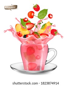 Pink berry tea splash. Whole and sliced strawberry, raspberry, cherry, blackberry, peach and leaf of mint in  fruit tea with splashes and drops isolated on transparent background. 3D. Vector.