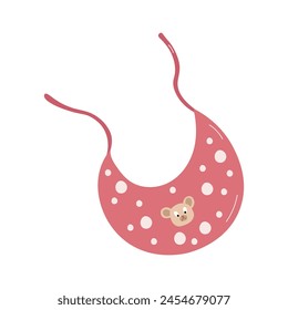 Pink bib with polka dots and bear head on white background.