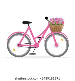 Bicicleta rosa adornada con una cesta llena de tulipanes vibrantes. Las flores de colores