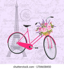 Pink bicycle with a basket full of flowers. Vintage postcard background with eiffel tower. Vector illustration.