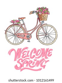 Pink bicycle carrying a bouquet of tulips. Hand lettering saying "Welcome spring". Vector illustration.