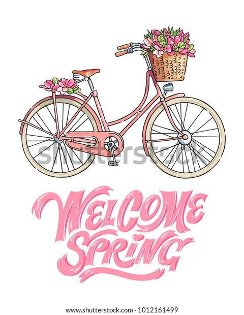 チューリップの花束を持つピンクの自転車 ようこそ春 と書かれた手書きの文字 ベクターイラスト のベクター画像素材 ロイヤリティフリー 1012161499