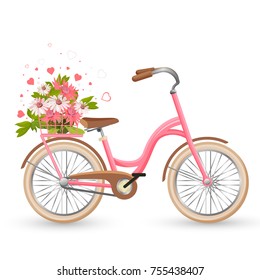 Pink bicycle with cart full of flowers and hearts vector illustration with transportation cycle decorated by petals isolated on white in love concept