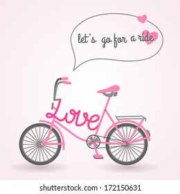 Pink bicycle. Vector illustration. Sport symbol. Text bubble with message and hearts. Love signs and symbols. Valentine's day idea. Template for invitation or greeting card.