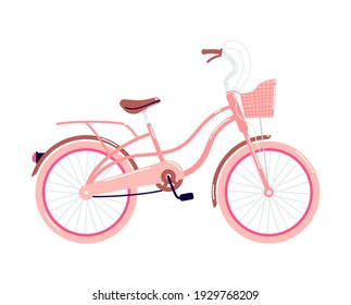 Pink bike with basket and trunk. A bicycle with a handbrake and a half-hidden chain. Mobile vehicle illustration vector with pink tires tires isolated on white background.