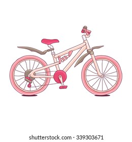 Pink bike with pink wheels, painted by hand. Vector illustration on white background.