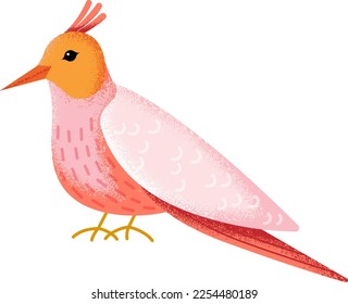 Pink bird character. Textured color animal drawing