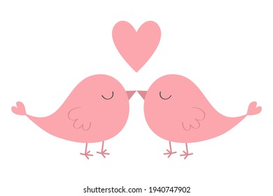 Pink bird couple set. Cute heart. Love Greeting card. Happy Valentines Day. Sticker print. Cartoon kawaii funny baby character. Flat design. Isolated. White background. Vector illustration