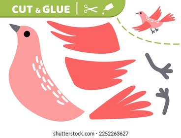 Pink bird. Cut and glue. Flying bird.  Applique. Paper education game. Flat, cartoon. Isolated vector illustration eps 10