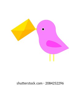 Pink bird with envelope. Postage courier. Mail sign. Delivery concept. Peace day. Vector illustration. Stock image.
