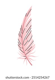 Pink bird feather on white background. Cartoon illustration in flat style. Vector clipart for clothes, fabric, greeting cards, stickers, etc.