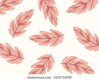 Pink bird feathers on beige background. Birds, flight, postcard. Vector illustration