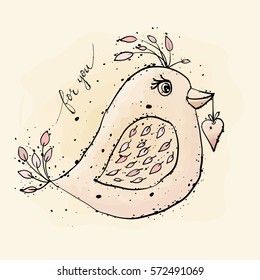 Pink bird with heart. Valentine's Day. watercolor, grunge.