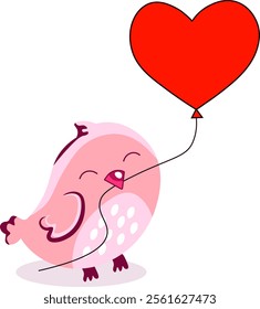 pink bird with a heart-shaped ball on a rope