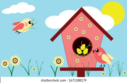 pink bird house with eggs in flower field. Flying bird with twig. 