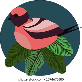 Pink bird with leaves. Vector illustration