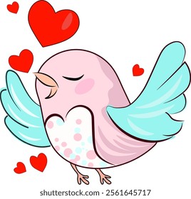 Pink bird with little red hearts vector