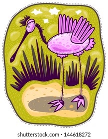 Pink bird with long legs standing on the sand. Green olive background and the dark swamp reeds. The wings of the birds are raised.