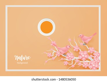 Pink bird  lovers on the tree branch on a natural background.paper craft  and illustration style

