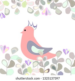 pink bird on a background of blue, green, yellow leaves