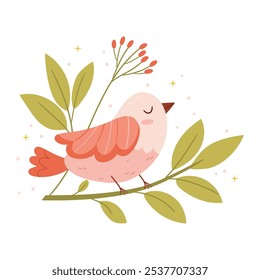 Pink bird on a branch. Spring illustration.