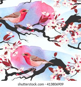 Watercolor Painting Seamless Pattern Bullfinch Birds Stock Illustration ...