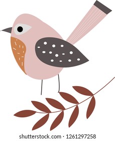 Pink bird on a leaf on a white background.
