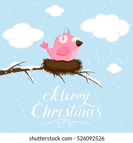 Pink bird on winter background and lettering Merry Christmas, illustration.