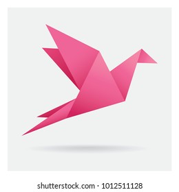 pink bird paper craft flying in frame art isolated on background